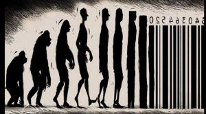 The process of commodification depicted by a cartoon showing the stages of evolution from a primate to a man to a barcode.