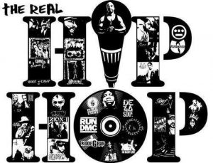 The image says "the real hip hop" and the letters of "hip hop" are filled with images of valued hip hop artists or groups like Wu Tang Clan, RUN DMC, and Notorious B.I.G. The "i" in "hip hop" is a microphone shape, and the "o" is a record or CD shape.